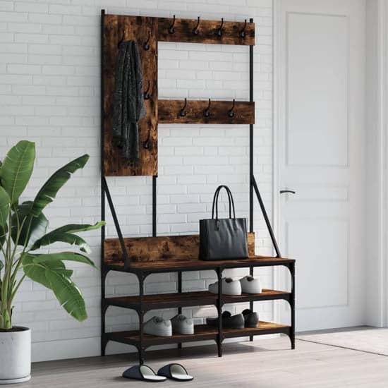 Camrose Wooden Clothes Rack With Shoe Storage In Smoked Oak_1