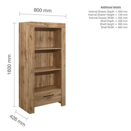 Canton Wooden Bookcase With 3 Shelves And 1 Drawer In Oak_7