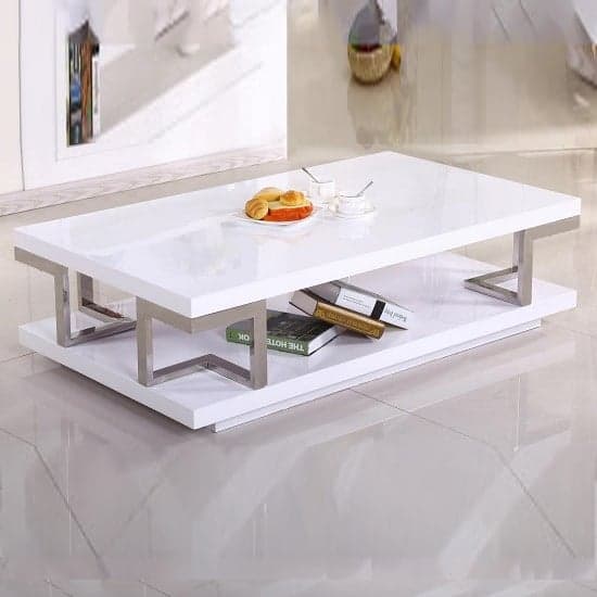 Caoimhe White High Gloss Coffee Table With Stainless Frame Furniture