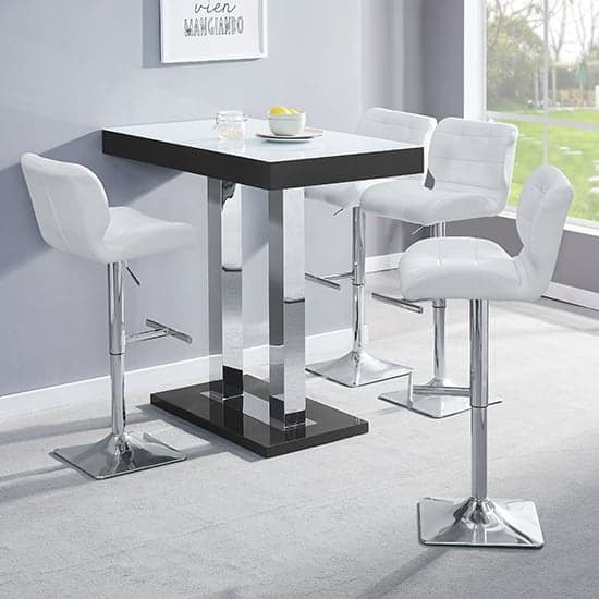 Caprice White Black Gloss Bar Table With 4 Candid White Stools_1