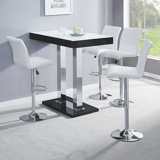 Caprice White Black Gloss Bar Table With 4 Ripple White Stools_1