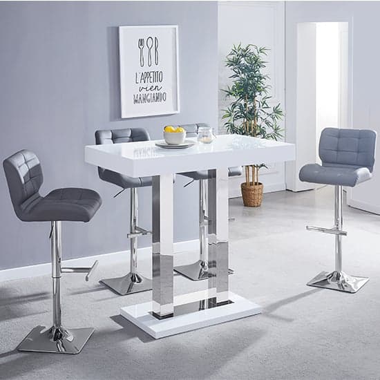 Caprice White High Gloss Bar Table With 4 Candid Grey Stools_1