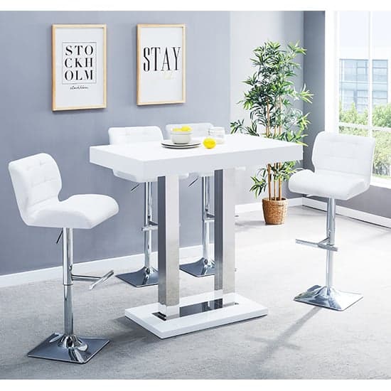 Caprice White High Gloss Bar Table With 4 Candid White Stools_1