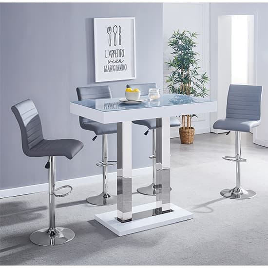 Caprice Grey White Gloss Bar Table With 4 Ripple Grey Stools