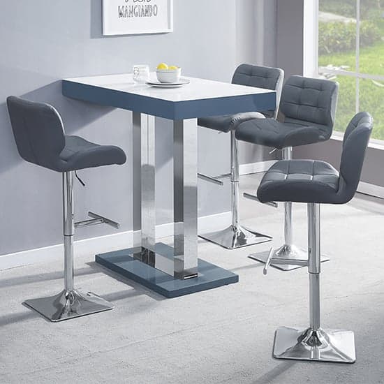 Caprice White Grey Gloss Bar Table With 4 Candid Grey Stools_1
