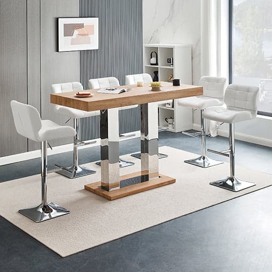 Caprice Large Oak Effect Bar Table With 6 Candid White Stools_1
