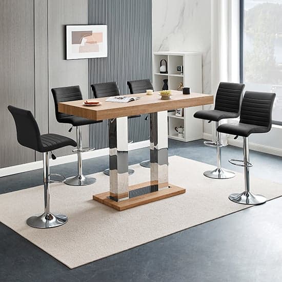 Caprice Large Oak Effect Bar Table With 6 Ripple Black Stools_1