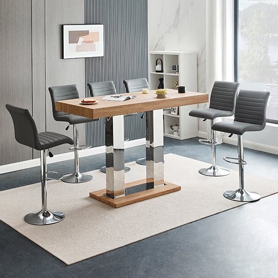 Caprice Large Oak Effect Bar Table With 6 Ripple Grey Stools_1
