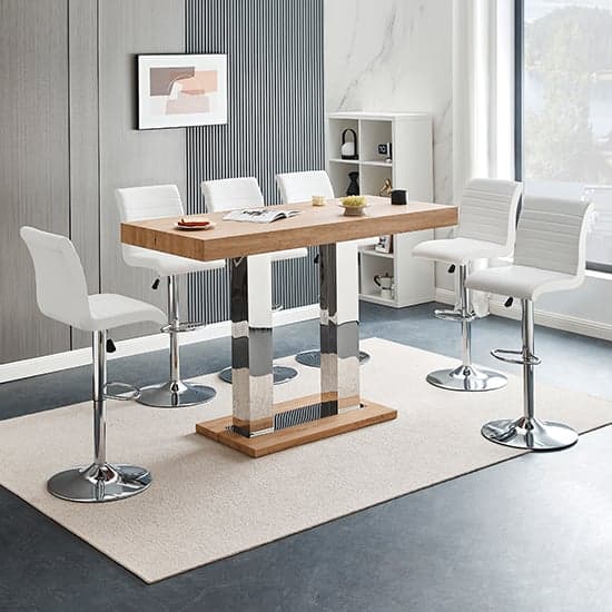 Caprice Large Oak Effect Bar Table With 6 Ripple White Stools_1