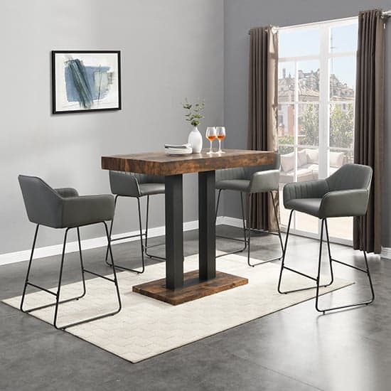 Caprice Rustic Oak Wooden Bar Table With 4 Brooks Grey Stools_1