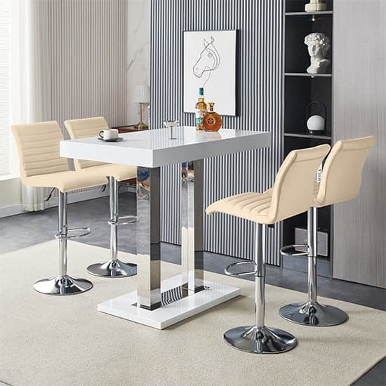 Caprice White High Gloss Bar Table With 4 Ripple Taupe Stools_2