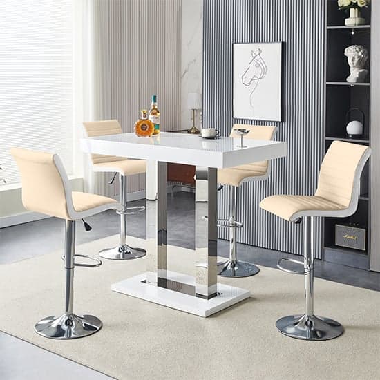 Caprice White High Gloss Bar Table 4 Ritz Taupe White Stools_1