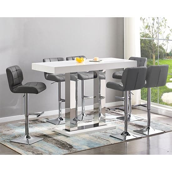 Caprice Large White Gloss Bar Table With 6 Candid Grey Stools_1