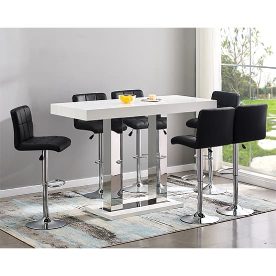 Caprice Large White Gloss Bar Table With 6 Coco Black Stools_1