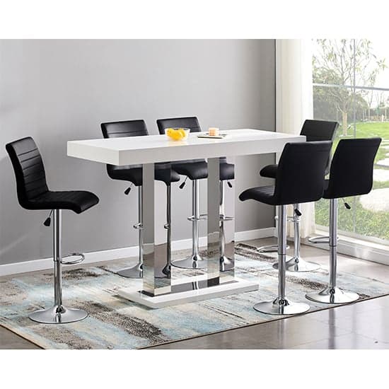 Caprice Large White Gloss Bar Table With 6 Ripple Black Stools_1