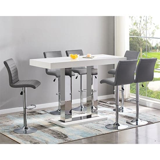 Caprice Large White Gloss Bar Table With 6 Ripple Grey Stools_1