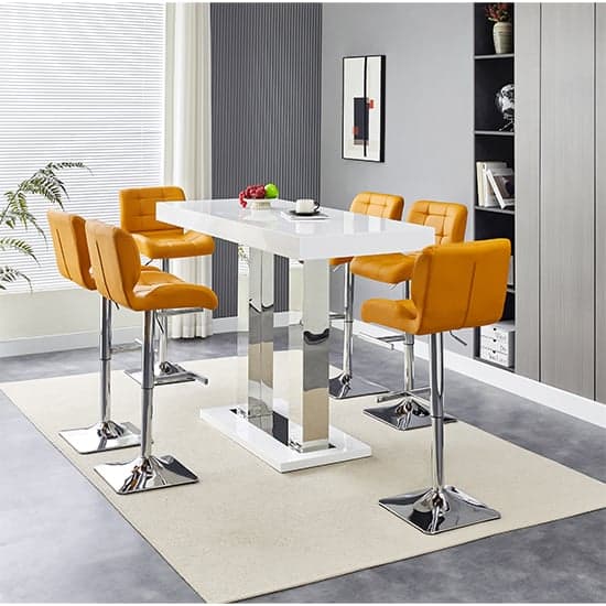 Caprice White High Gloss Bar Table Large 6 Candid Curry Stools_2