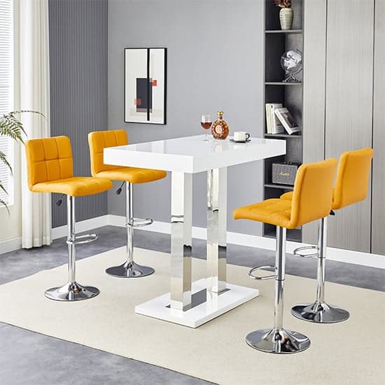 Caprice White High Gloss Bar Table Small 4 Coco Curry Stools_2