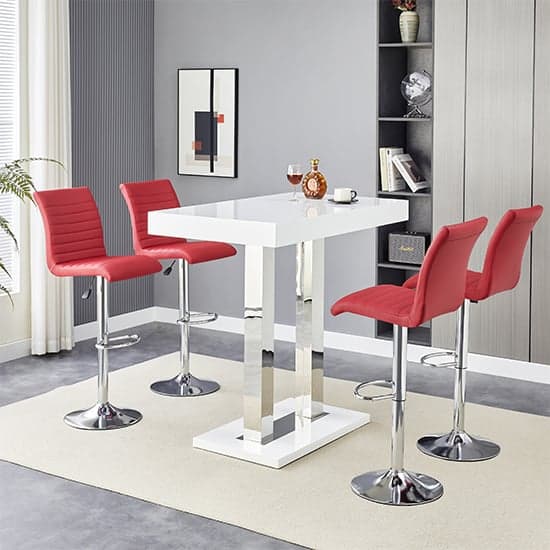 Caprice White High Gloss Bar Table Small 4 Ripple Bordeaux Stools_2