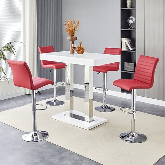 Caprice White High Gloss Bar Table Small 4 Ripple Bordeaux Stools_1