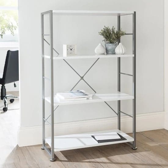Carbine Wooden Bookcase With Grey Metal Frame In White_1