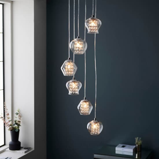 Cardiff 6 Lights Ribbed Glass Ceiling Pendant Light In Chrome_2