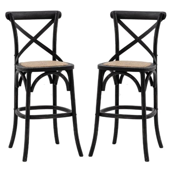 Caria Black Wooden Bar Chairs With Rattan Seat In A Pair_1