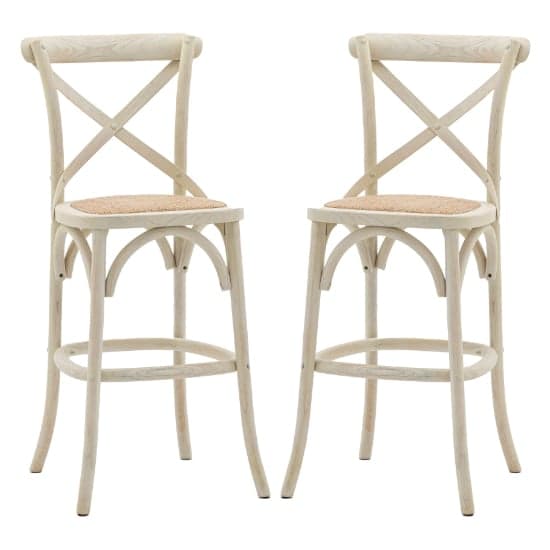 Caria White Wooden Bar Chairs With Rattan Seat In A Pair_1