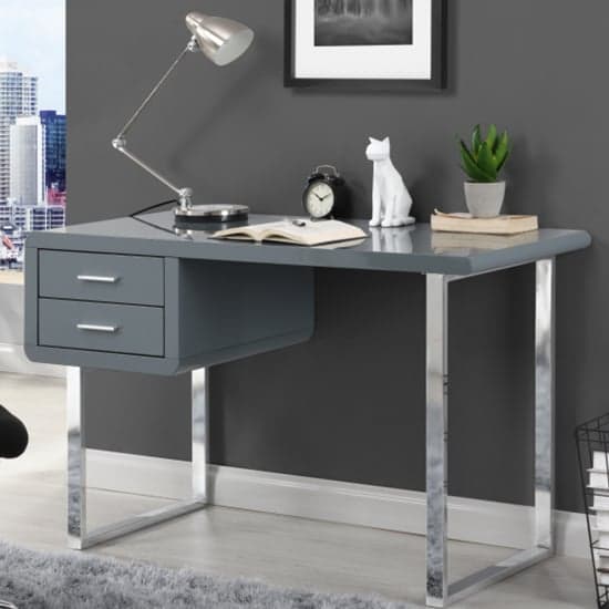 Carlo High Gloss Computer Desk In Grey With Chrome Legs_1