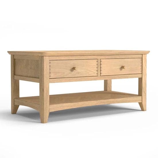 Carnial Wooden Coffee Table In Blond Solid Oak With 2 Drawers_2