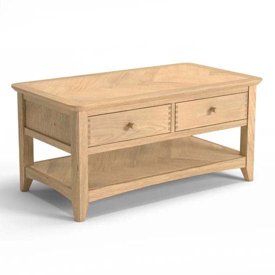 Carnial Wooden Coffee Table In Blond Solid Oak With 2 Drawers_1
