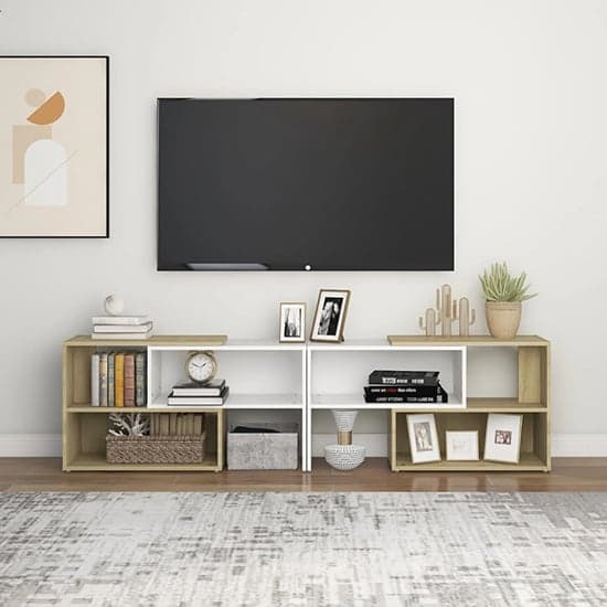 Carolus Wooden TV Stand With Shelves In White Sonoma Oak_2