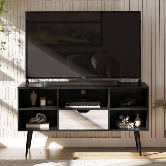Carson Wooden TV Stand With 2 Shelves 1 Drawer In Black Oak_1