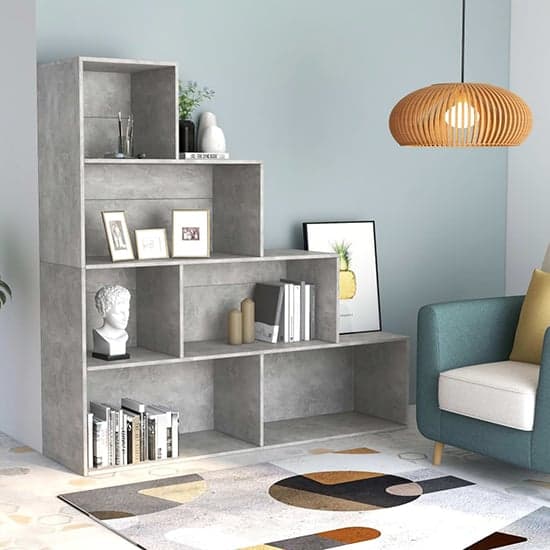 Carus Wooden Bookcase With 6 Shelves In Concrete Effect_1