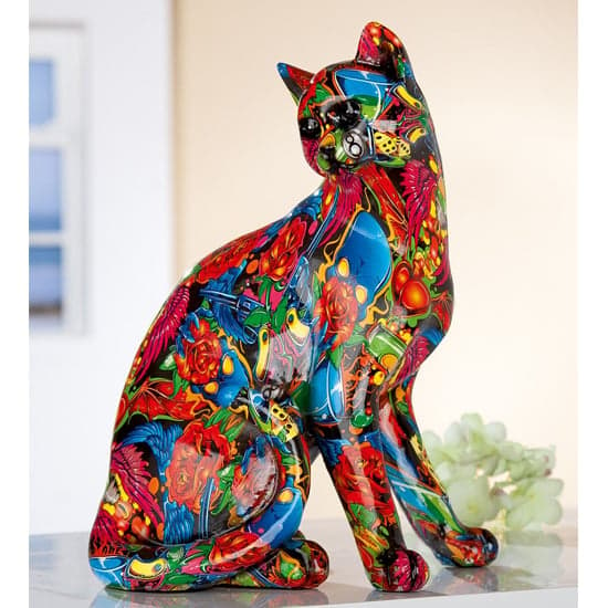 Cat Sitting Pop Art Poly Design Sculpture In Multicolor