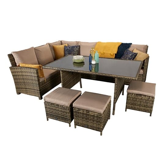 Caxias Corner Lounge Dining Sofa Set In Brown And Natural Weave_2