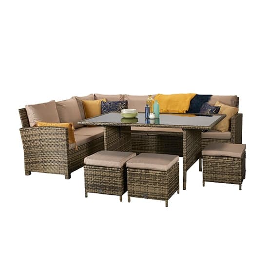 Caxias Corner Lounge Dining Sofa Set In Brown And Natural Weave_3