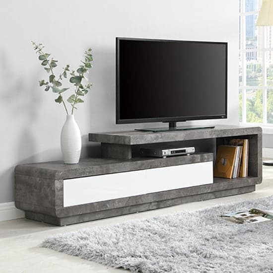 Celia High Gloss TV Stand In White And Concrete Effect_2