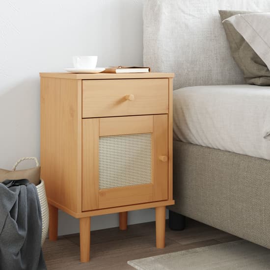 Celle Pinewood Bedside Cabinet With 1 Door 1 Drawer In Brown_1