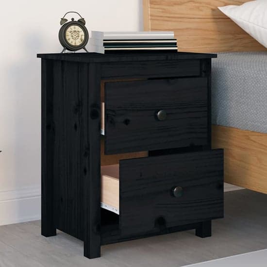 Chael Pine Wood Bedside Cabinet With 2 Drawers In Black_2