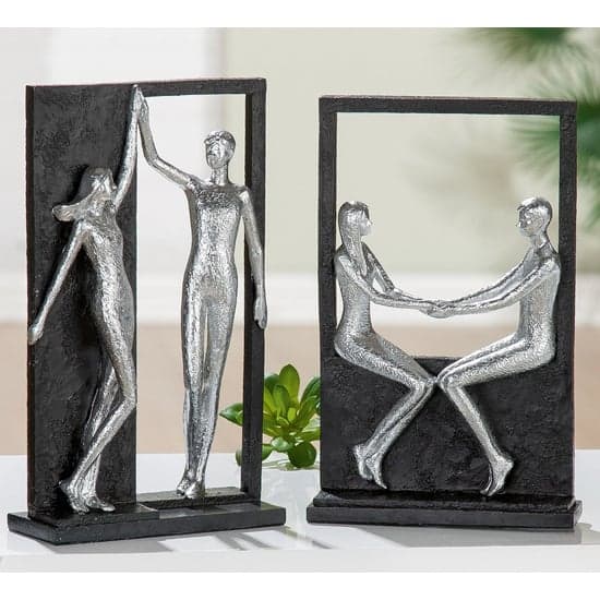 Cheering Poly Set Of 2 Design Sculpture In Antique Silver