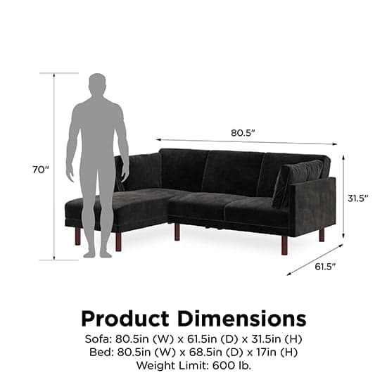 Claire Velvet Sectional Sofa Bed With Dark Wooden Legs In Black_9