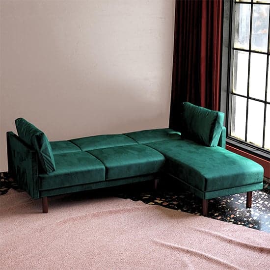 Claire Velvet Sectional Sofa Bed With Dark Wooden Legs In Green_2