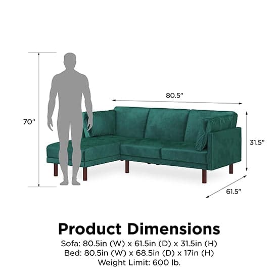 Claire Velvet Sectional Sofa Bed With Dark Wooden Legs In Green_9