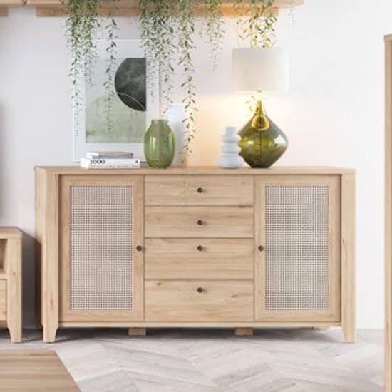 Cicero Sideboard With 2 Door 4 Drawer In Oak And Rattan Effect_1