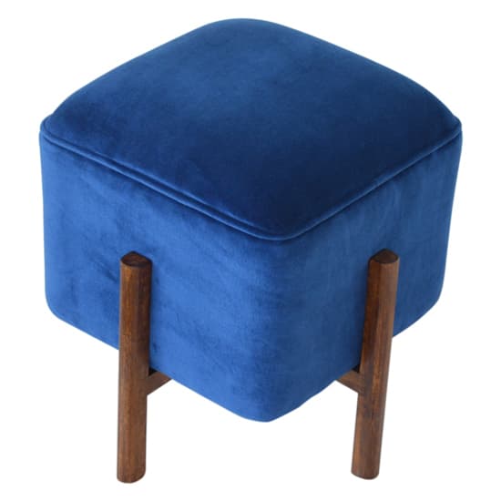 Clarkia Velvet Footstool In Royal Blue With Solid Wood Legs_3