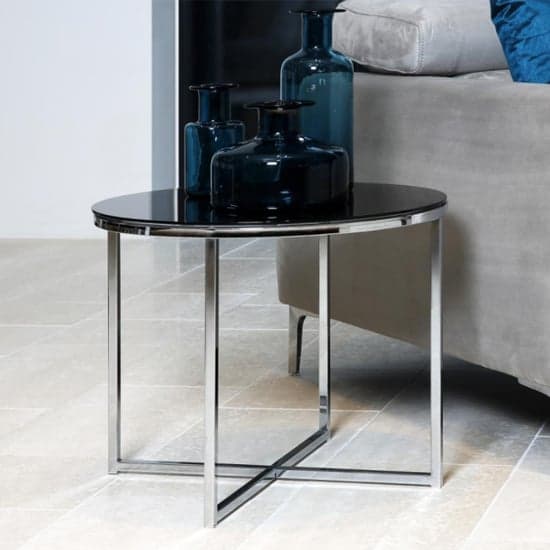 Coeur Round Black Glass Side Table With Chrome Base
