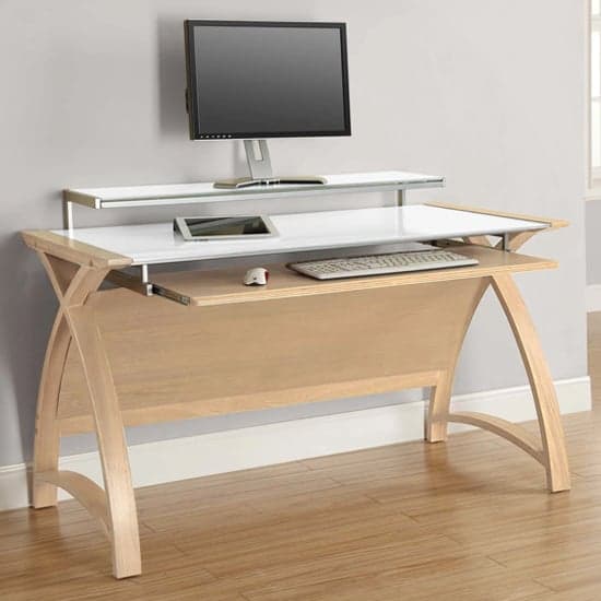Cohen Curve Computer Desk Large In White Glass Top And Oak_1