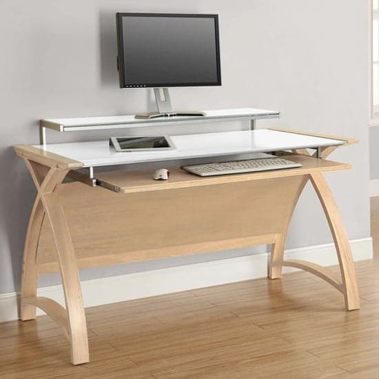 Cohen Curve Computer Desk Large In White Glass Top And Oak Furniture