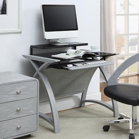 Cohen Curve Computer Desk Small In Black Glass And Grey Ash Furniture